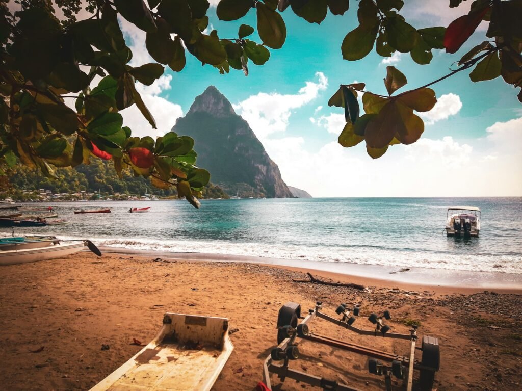 Fishing boats on a Saint Lucia beach with Petit Piton
