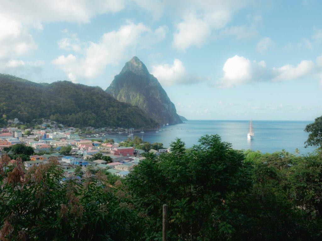 Soufriere town and bay with Petit Piton, Saint Lucia