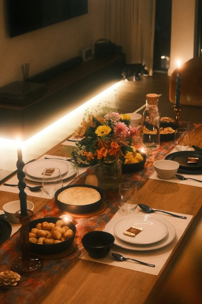 Candlelit private dinner table set with flowers