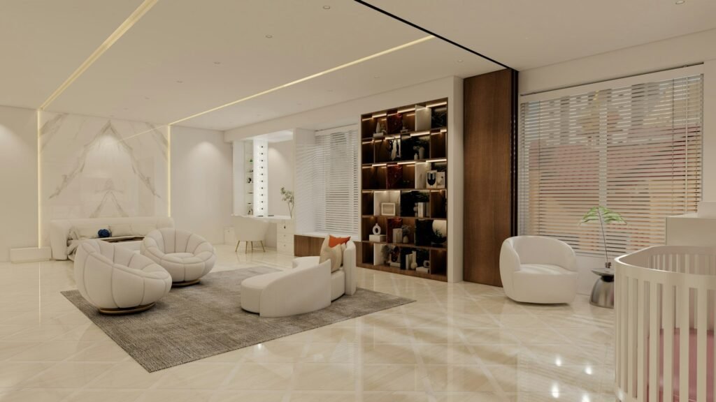 Bright, minimalist furnished living space