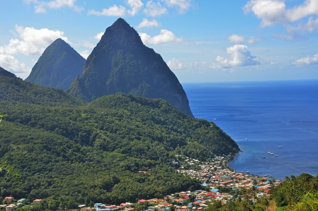 The Pitons rising above the Caribbean coast of Saint Lucia