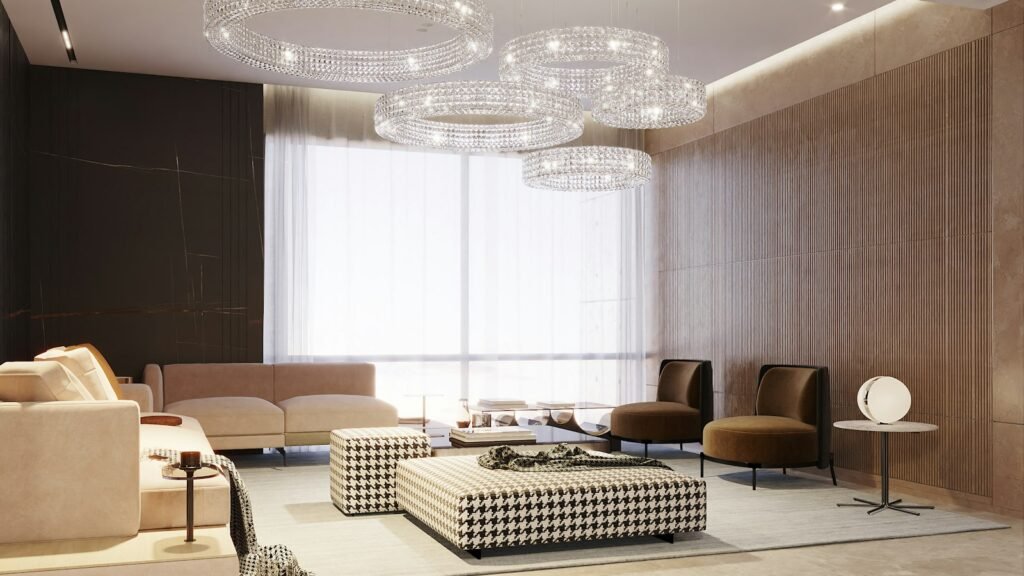 Elegant lounge with soft seating and natural light